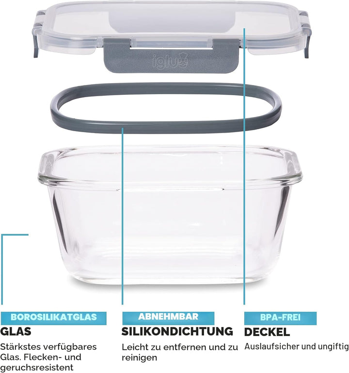 Igluu Meal Prep - Stapelbare quadratische Behälter aus Glas (3 Stück) – BPA-freie auslaufsicherer, l