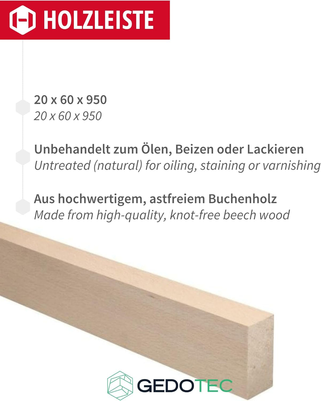 Gedotec Holzleisten zum basteln - Holzbretter zum bauen aus Buchen-Holz 95 cm | 5 Stück 20x60x950 mm