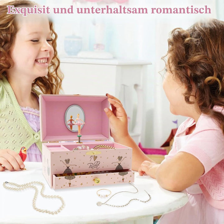 Musikalisches Schmuckkästchen Kinder Spieluhr mit Drehendem Einhorn Ballettmädchen Spiegel Schublade