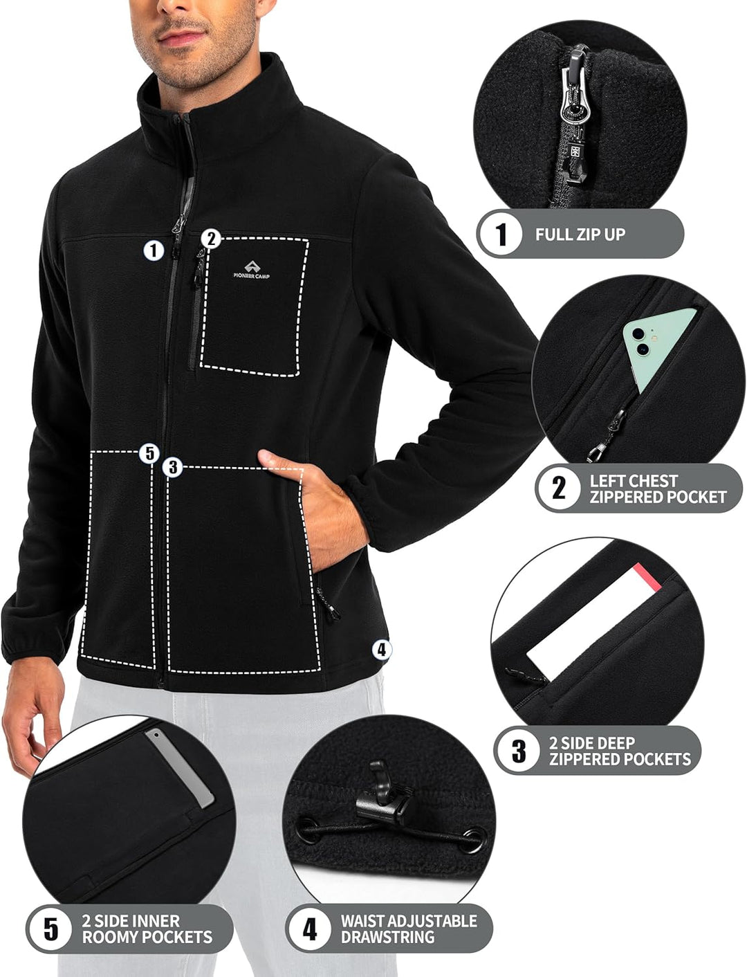 Pioneer Camp Herren Fleecejacke Full Zip Outdoor Polar Leicht Winddicht Jacke mit Reissverschluss S