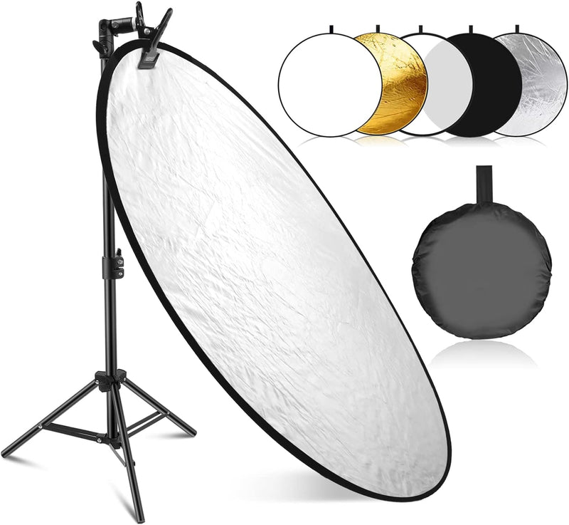 NEEWER 43"/110cm Lichtreflektor Kit,5 in 1 zusammenklappbarer runder Reflektor(Transluzent/Silber/Go