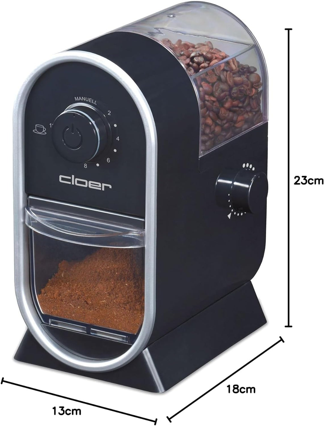 Cloer 7560 Elektrische Kaffeemühle mit Scheibenmahlwerk, 100 W, für 150 g Kaffeebohnen, für 2-12 Tas