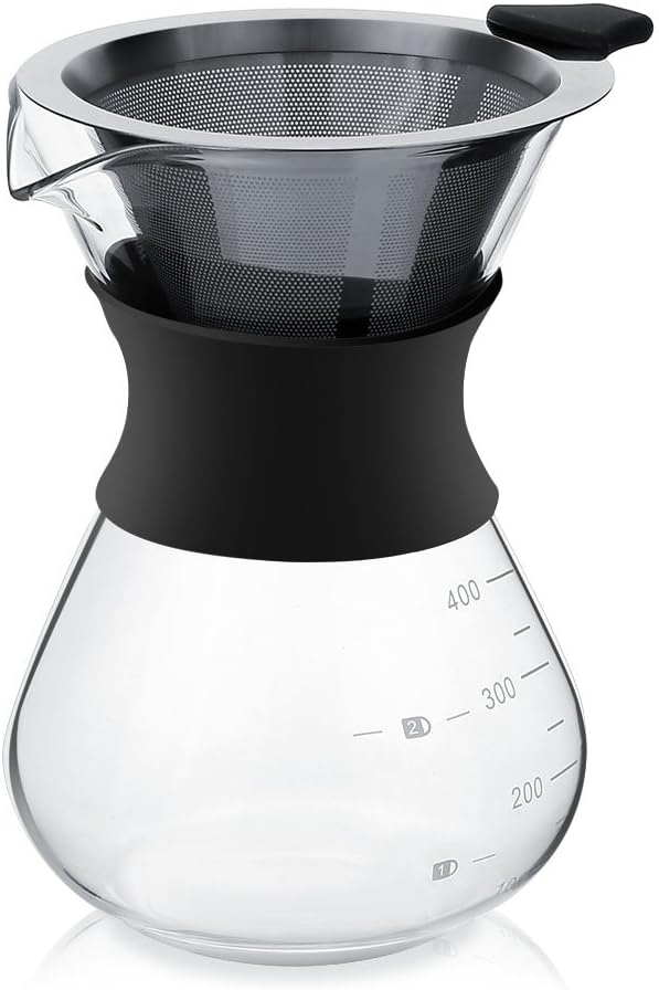 Kaffeekanne aus Glas, 400ml Pour Over Kaffeebereiter mit Edelstahl Filter, Wiederverwendbar Manuell