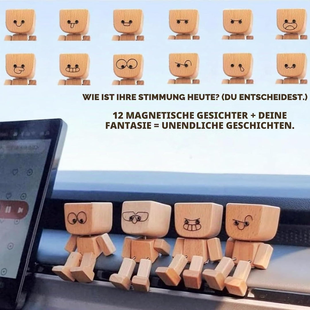 Wobbling Wooden Figures, Small Funny Bobble Head Car Decoration with Magnetic Expressions, Wooden Fi