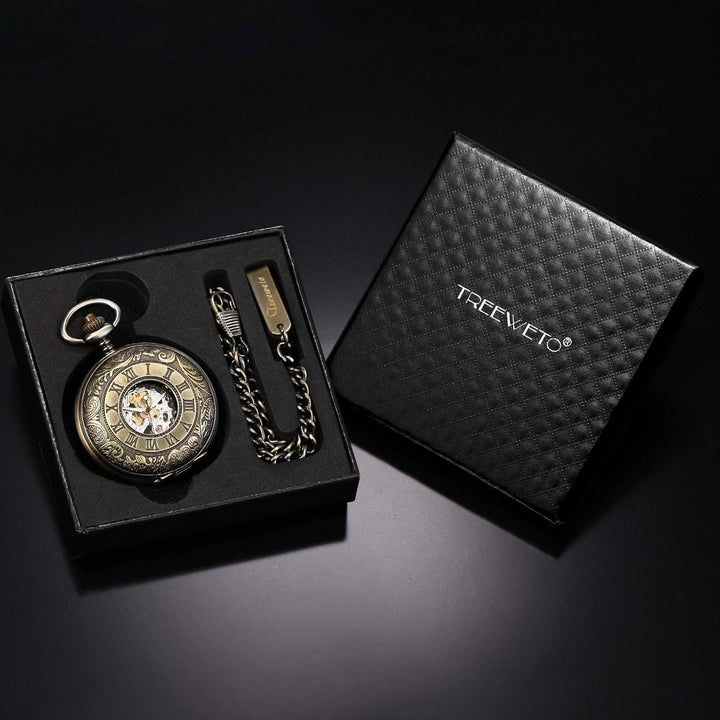 TREEWETO Unisex Taschenuhr mit Kette Mechanische Handaufzug Doppelscharnier Antik Skelett Römische Z