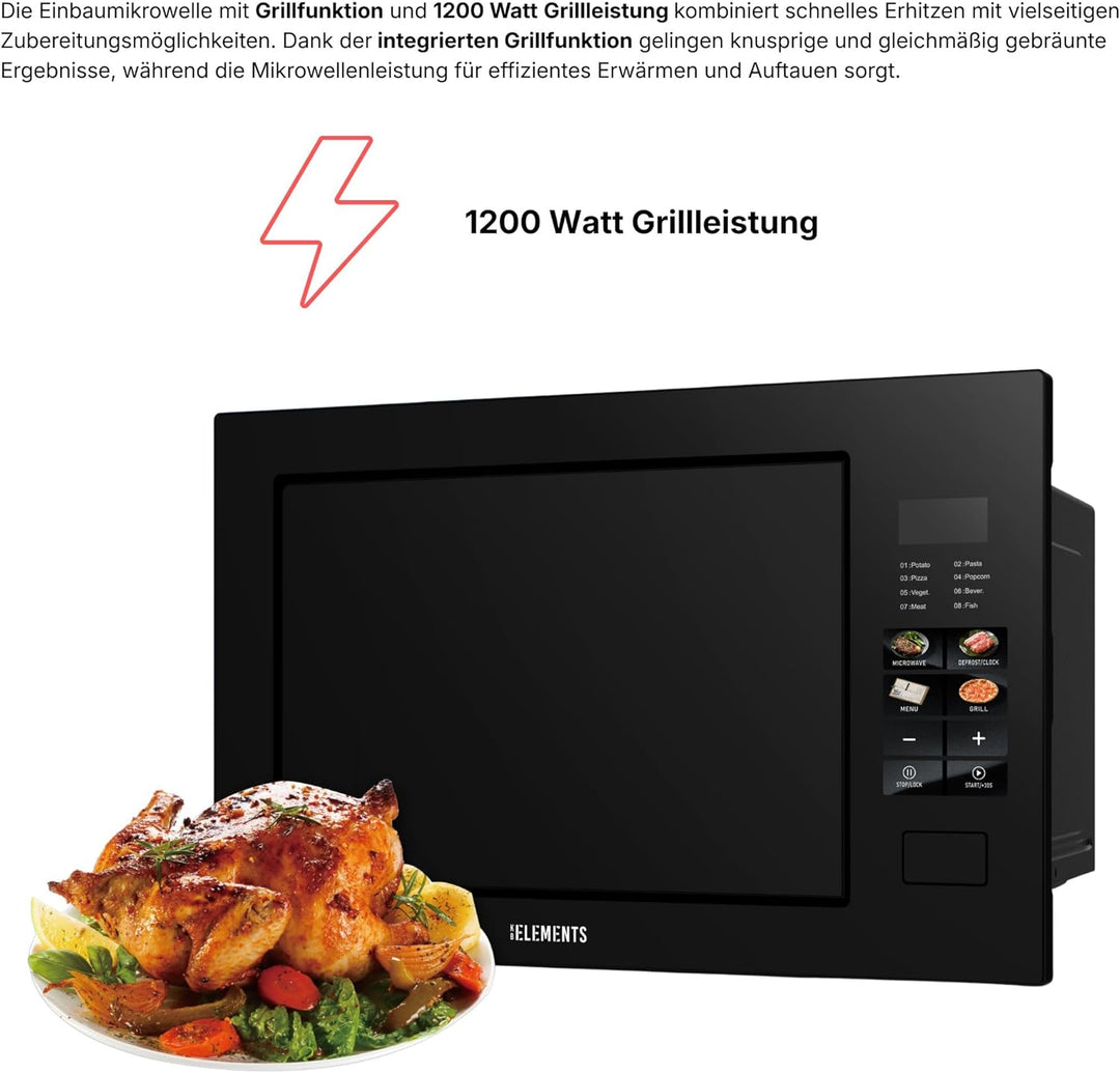 Einbaumikrowelle 60 cm | Einbau Mikrowelle 25 Liter | Full Touch | 1200W Grill | Glasrahmen | Edelst