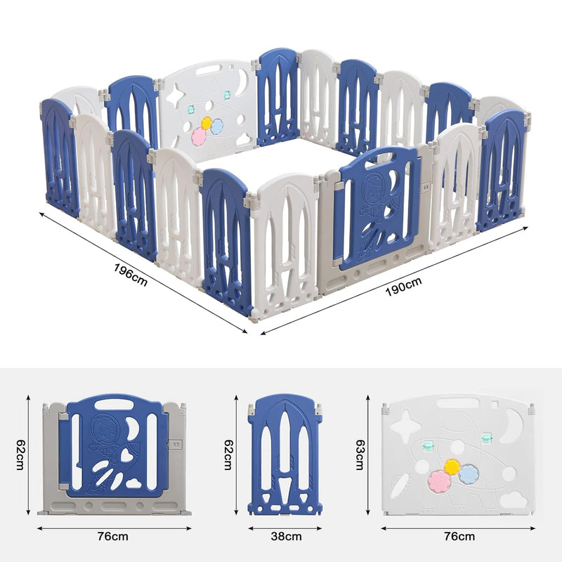 Aufun Laufstall Baby Laufgitter Faltbar Baby Absperrgitter mit Tür und Spielzeugboard, 14 Panel Blu+