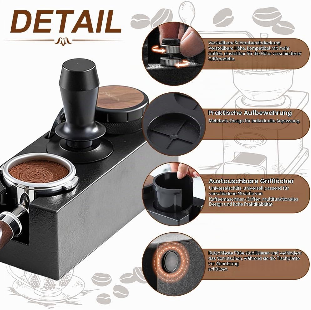 Tamperstation für Barista(51-58mm), Tamping Station aus ABS, Einstellbar Coffee Schwarz Tamper Stati