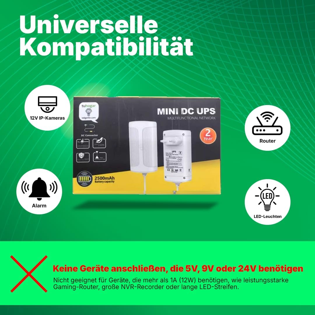 Mini-UPS 12V mit 2500 mAh internem Akku und 5,5/2,5 mm Hohlstecker | Unterbrechungsfreie Stromversor