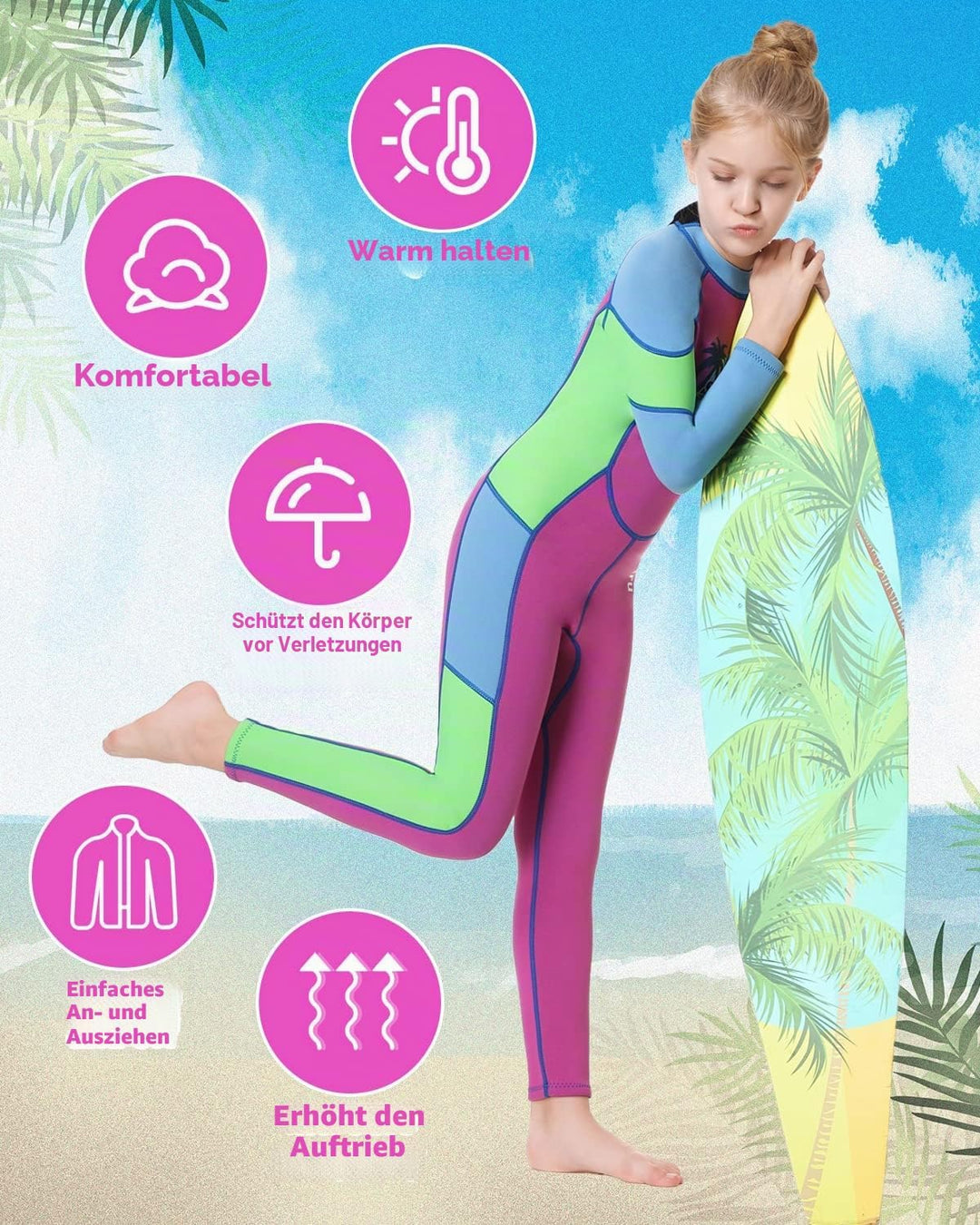 LANSRU Neoprenanzug Kinder Lang 2.5MM Neoprenanzug für Mädchen(25-30kg) Neopren Kinder Warmhalten UP