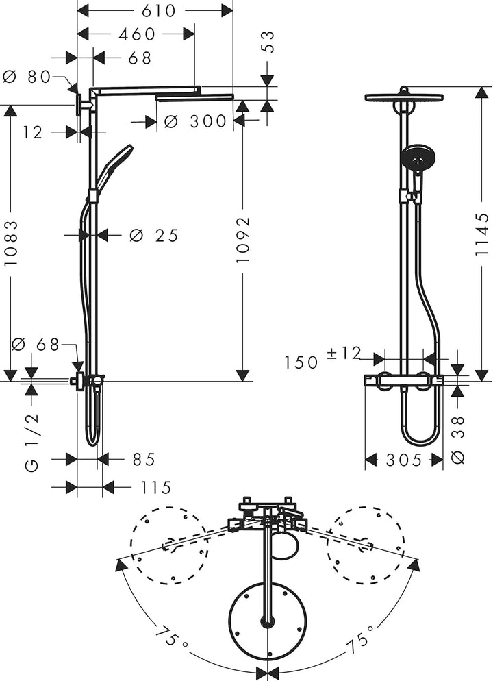 hansgrohe Raindance Select S 300 Duschsystem (3 Strahlarten) Chrom Chrom Kopfbrause mit 1 Strahlart