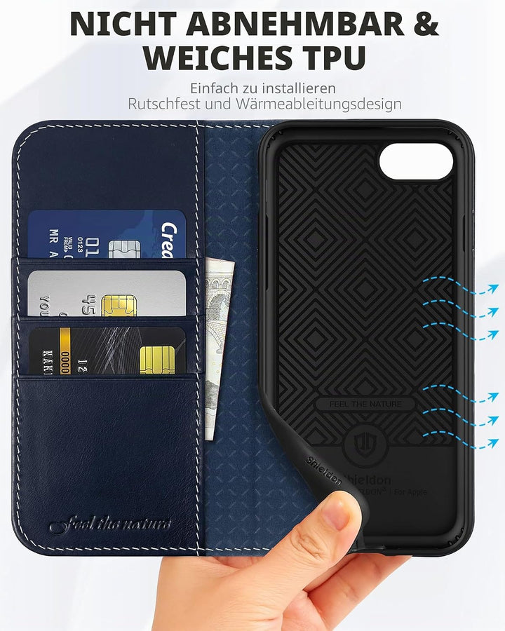 SHIELDON Hülle für iPhone SE 2022 5G /iPhone 8 Handyhülle [Erstklassig Rindsleder] [Kartenfach] [Sta