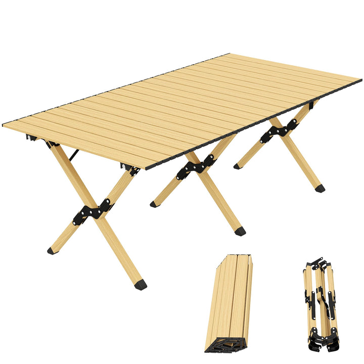 Outsunny Campingtisch 117 x 60 cm Aluminium Klapptisch mit Aufrollbare Tischplatte Holz-Optik Traget