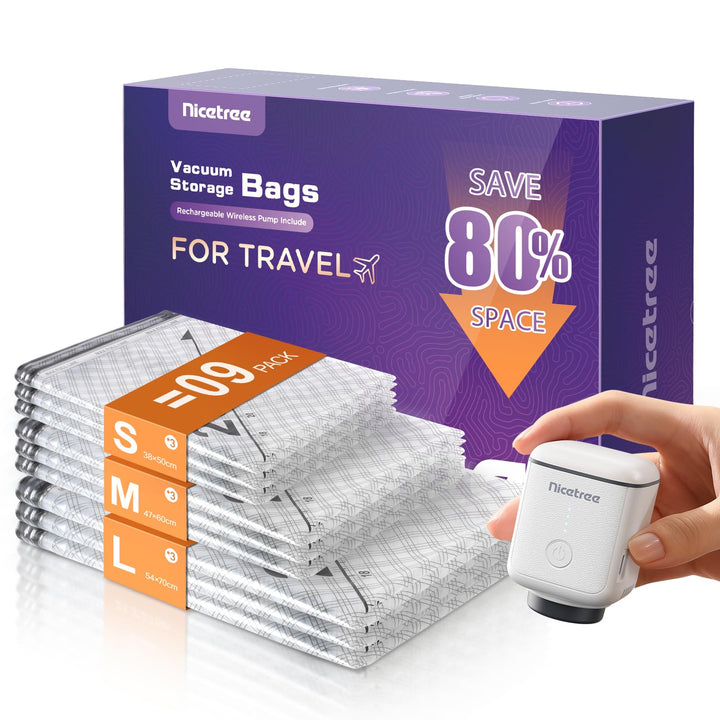 Innsky 9er Set Vakuumbeutel Kleidung mit kabelloser USB-C Vakuumpumpe – 3 Grössen (40x50/47x60/54x70