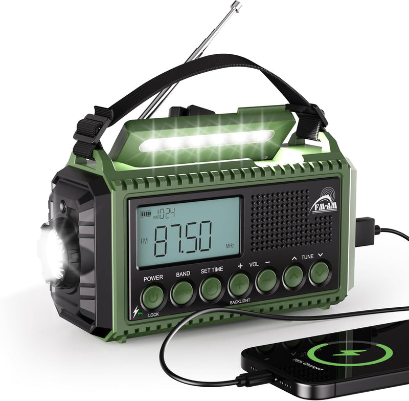 AM/FM/SW Kurbelradio mit 12000mAh Akku Wiederaufladbare, Tragbare Camping Radio mit Taschenlampe & L