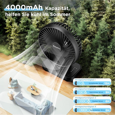 EasyAcc Tischventilator Batterie USB Ventilator 4000 Akku Klein Tragbarer 4 Geschwindigkeiten Ventil