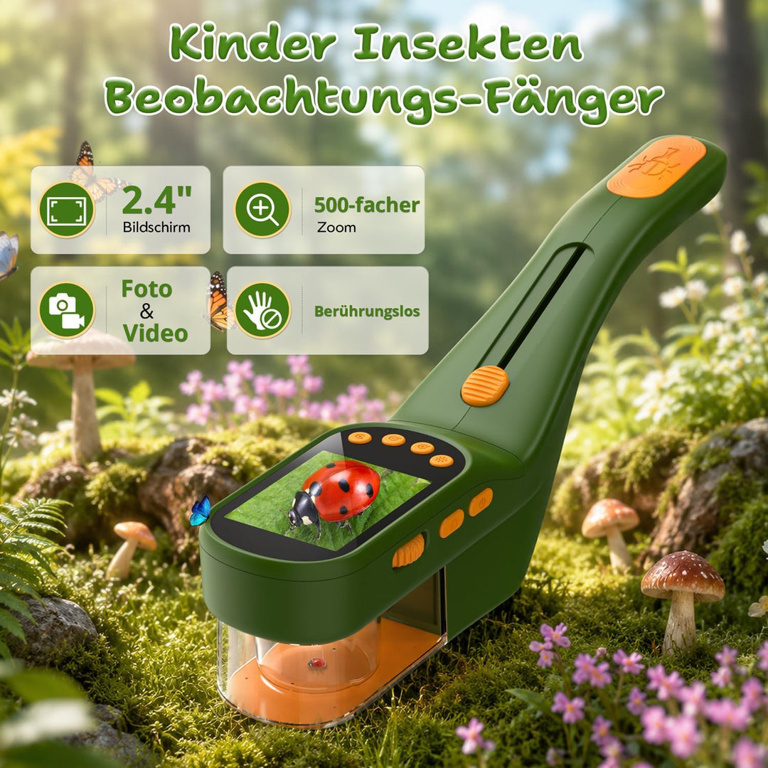 3-in-1 Insektenfänger für Kinder, Mikroskop für Kinder mit 2,4-Zoll-IPS-Display, 500X Vergrösserung