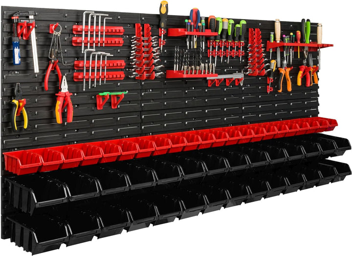Lagersystem Werkstattregal | 172 x 78 cm | 50 stck. Box | Wandregal mit Werkzeughalterungen und Stap