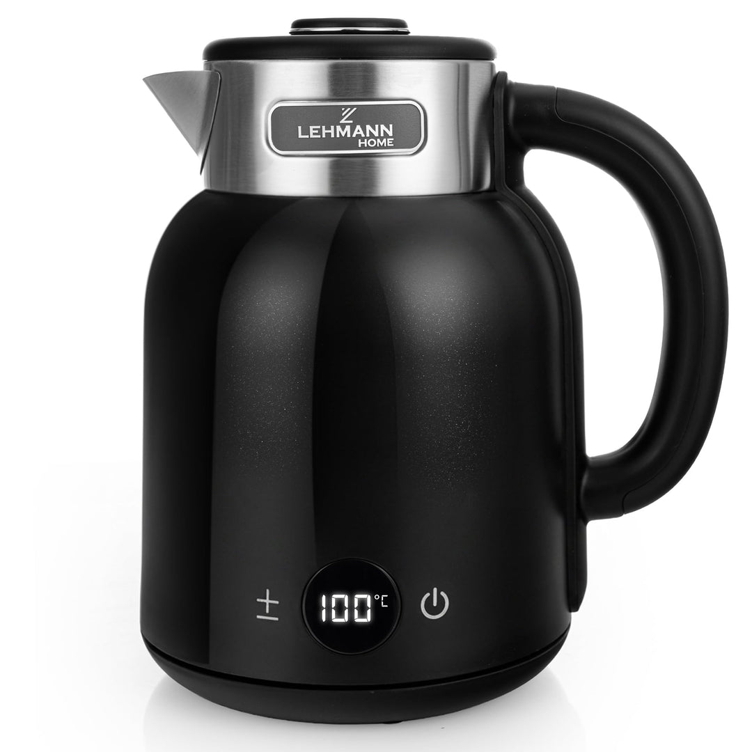 LEHMANN Wasserkocher 1,5L mit Temperatureinstellung 40-100°C, Warmhaltefunktion, LED-Display, Doppel
