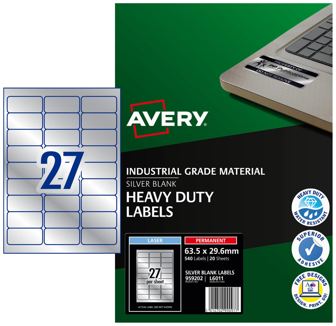 Avery L6011-20 Robuste Laseretiketten ( 27 Stück pro Blatt, 63,5 x 29,6 mm) 540 Etiketten in Silber