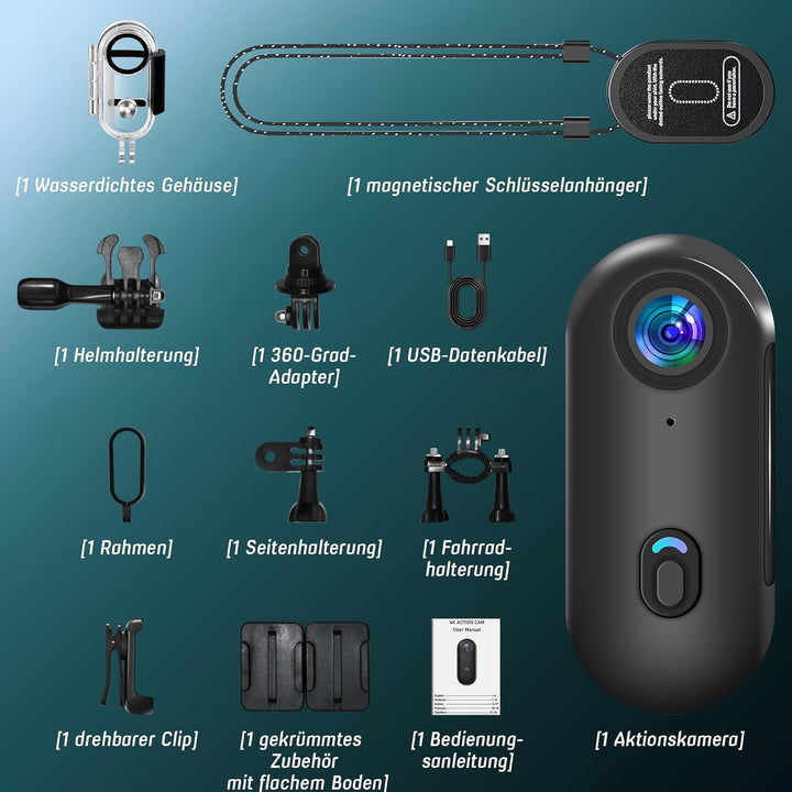 Action Cam WiFi, 4K Mini Unterwasserkamera Wasserdicht bis 30M, 360° Helmkamera Fahrrad,Freihand-POV