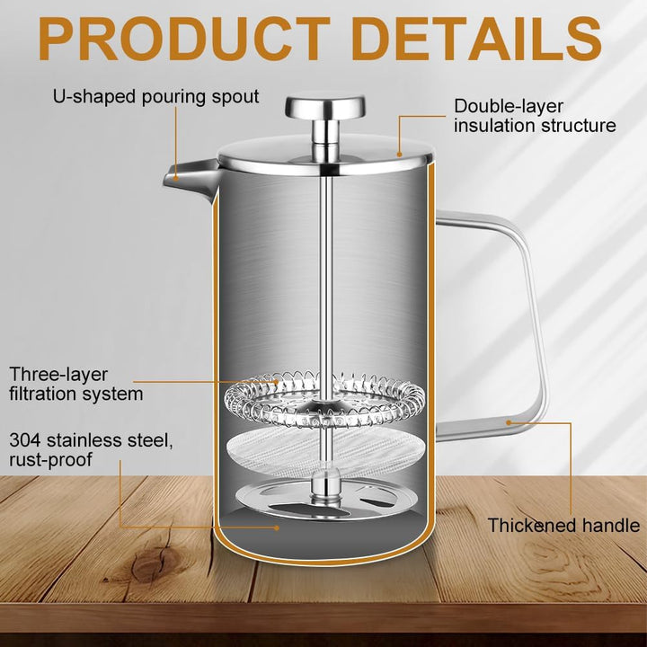 HOTUT French Press Kaffeebereiter, 350 ml Edelstahl Französische Presse mit Löffel, Ersatzfilter, Kl