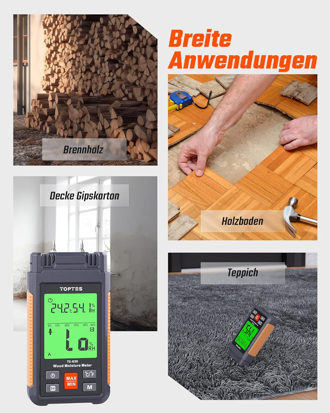 TopTes Feuchtigkeitsmessgerät, Feuchtigkeitsmesser für Wand und Holz TS-630, Grosses LCD-Display Dre