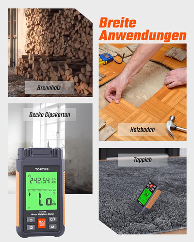 TopTes Feuchtigkeitsmessgerät, Feuchtigkeitsmesser für Wand und Holz TS-630, Grosses LCD-Display Dre