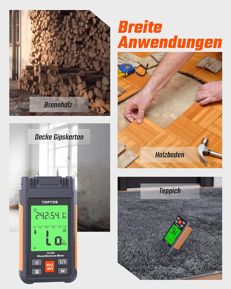 TopTes Feuchtigkeitsmessgerät, Feuchtigkeitsmesser für Wand und Holz TS-630, Grosses LCD-Display Dre