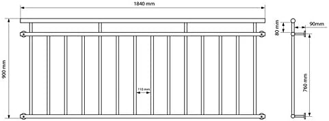 ECD Germany Französischer Balkon 184 x 90 cm | mit 14 Füllstäben | glänzend | aus Edelstahl | Balkon