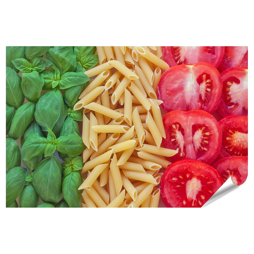 islandburner XXL Bild Poster Italienisches Essen Mit Hintergrund Teigwaren Tomaten Basilikum Küchenb