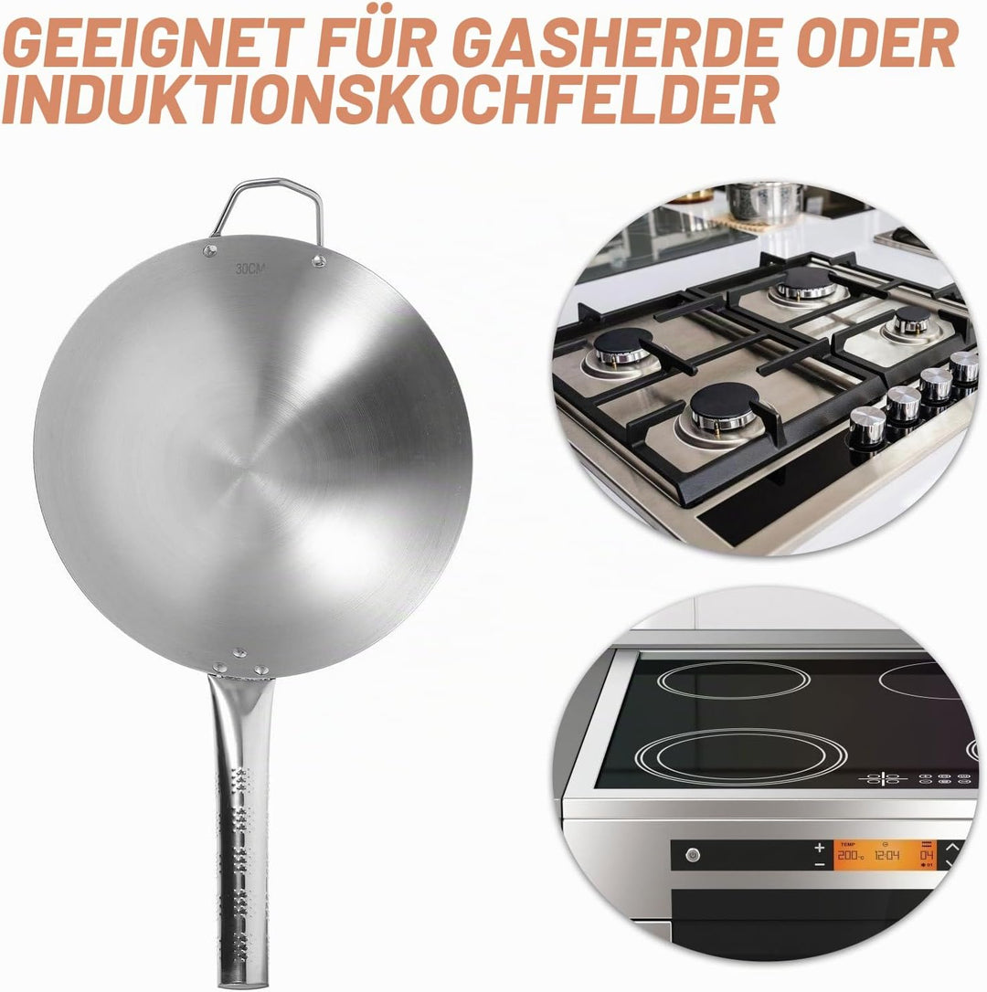 Luxshiny Edelstahl Bratpfanne 30cm Antihaftbeschichtet mit Langem Griff Wok Pfanne Tief Induktion Ge
