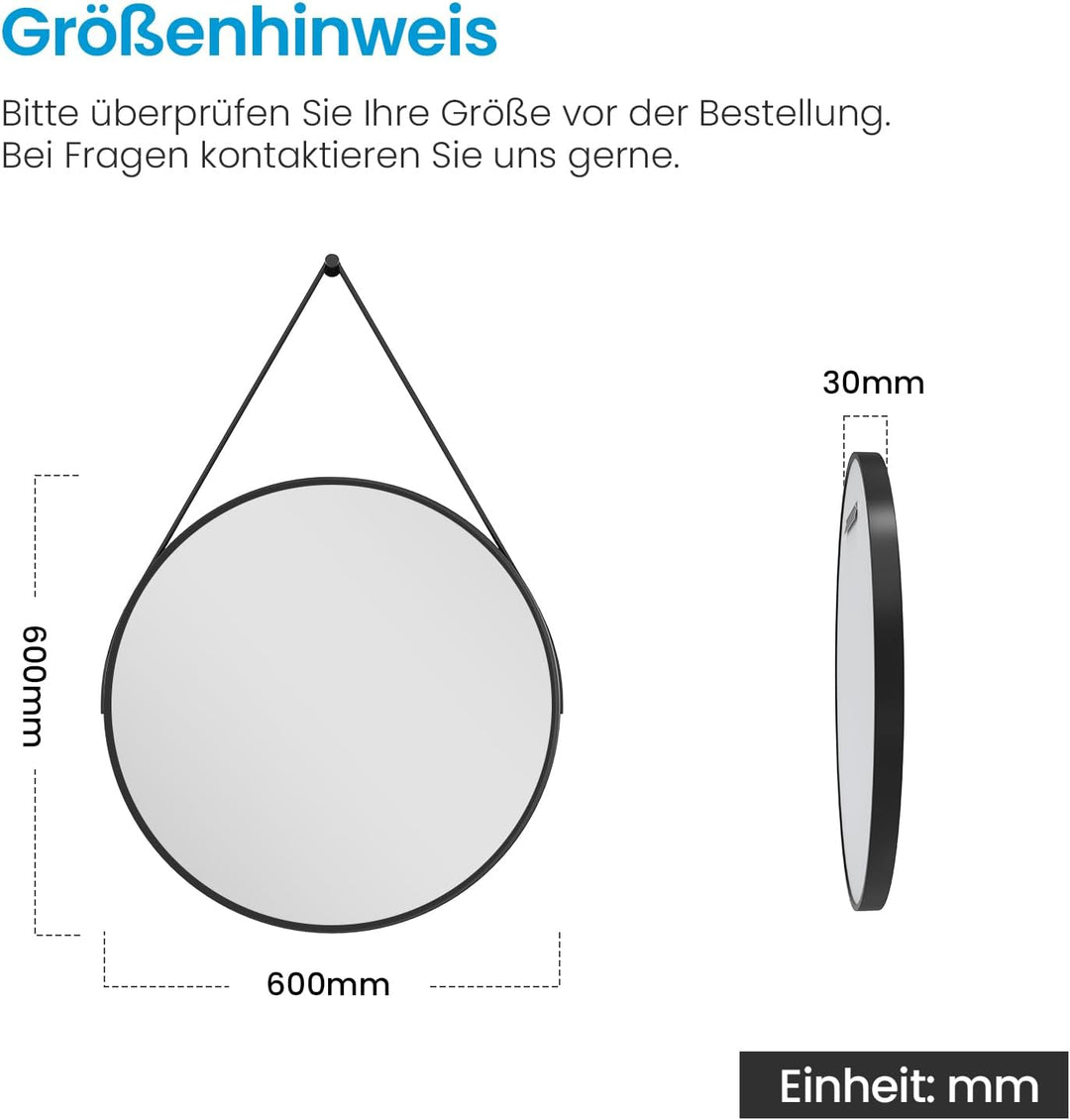 Heilmetz Spiegel Rund Schwarz Φ60cm – Runder Wandspiegel mit Metallrahmen & abnehmbarem Band, für Ba