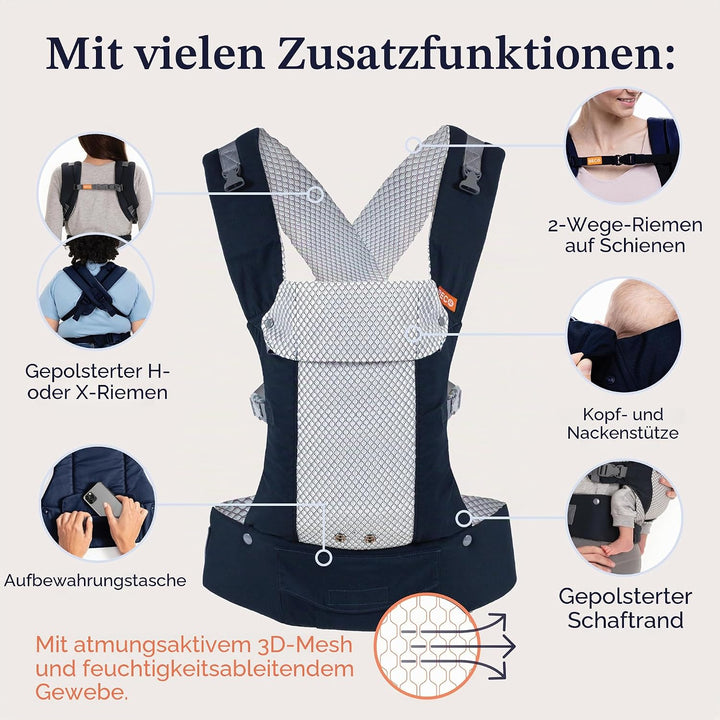 Beco Gemini Cool Babytrage Neugeborene ab Geburt bis Kleinkind - 4 Tragepositionen, Baby Trage, Baby