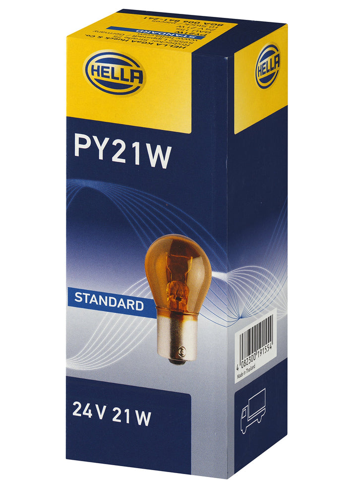 HELLA 8GA 006 841-241 Glühlampe - PY21W - Heavy Duty - 24V - 21W - Sockelausführung: BAU15s - Schach