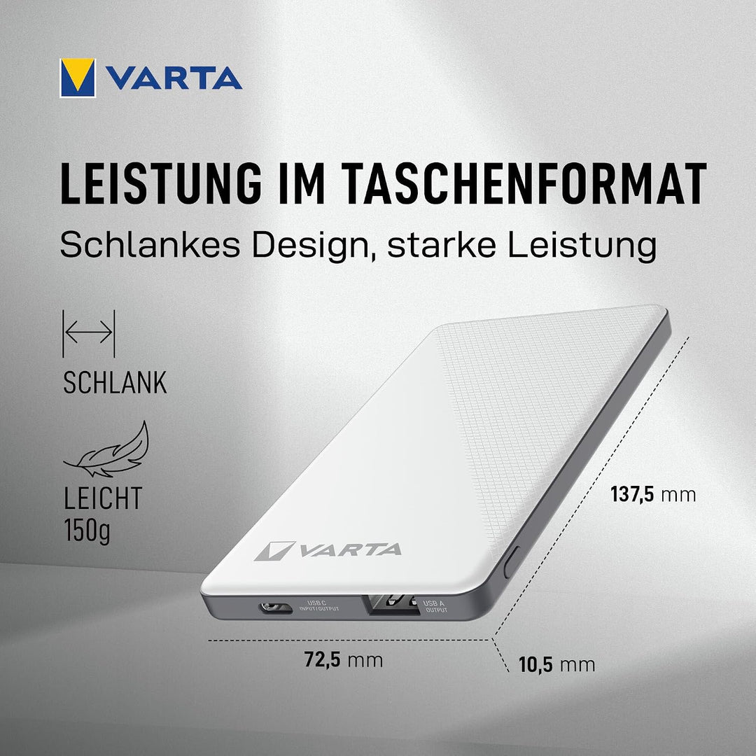 VARTA Power Bank 5000mAh, Powerbank Energy mit 2 Anschlüssen (1x USB C, 1x USB A), kompatibel mit Ta