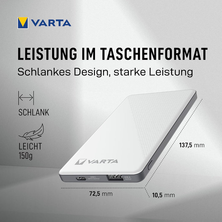 VARTA Power Bank 5000mAh, Powerbank Energy mit 2 Anschlüssen (1x USB C, 1x USB A), kompatibel mit Ta