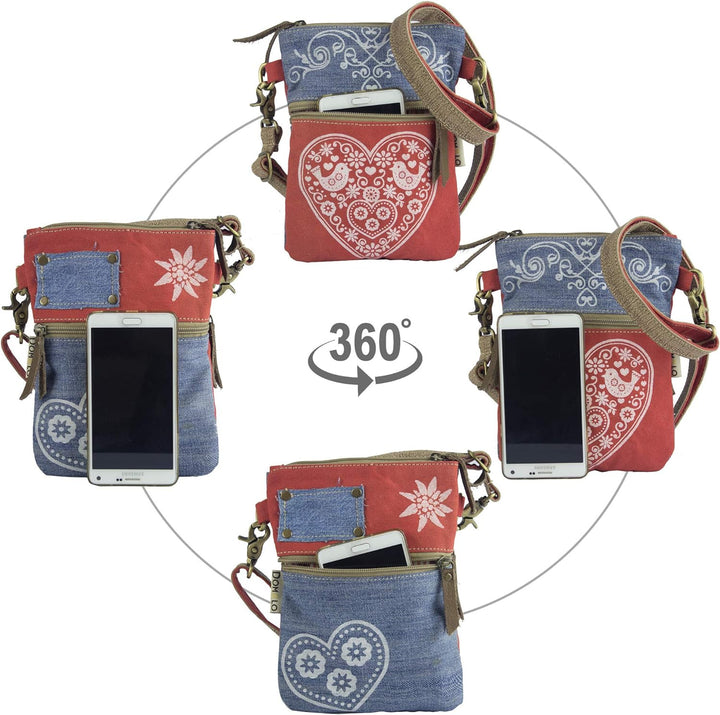 Domelo Trachtentasche. kleine Nachhaltige Umhängetasche aus Recycelte Jeans. Crossbody Bag mit Herz