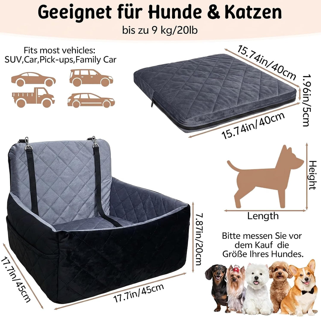 Hundeautositz bis 9 kg, Memory-Schaum Hundebooster mit Plüsch-Samt-Bezug, rutschfeste Unterseite &amp; 2