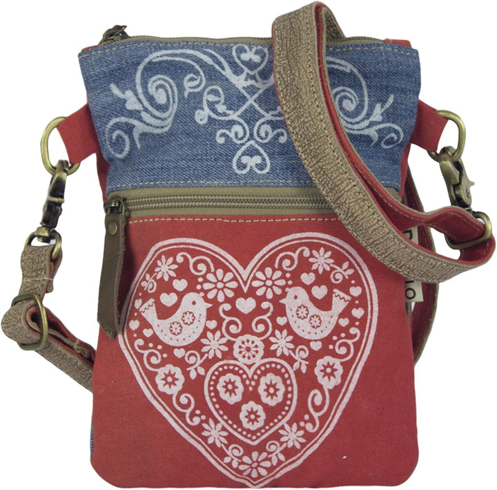Domelo Trachtentasche. kleine Nachhaltige Umhängetasche aus Recycelte Jeans. Crossbody Bag mit Herz