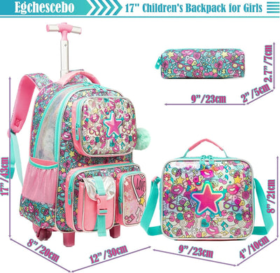 Egchescebo Kinder Rolling Rucksack für Mädchen Pentagramm Koffer Trolley Roller Gepäck Rucksäcke auf
