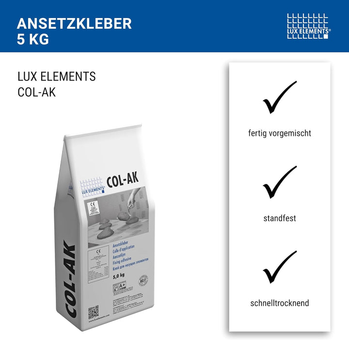LUX ELEMENTS Ansetzkleber COL-AK 5kg I Fertig vorgemischter Trockenmörtel für Ansetzen, Nivellieren