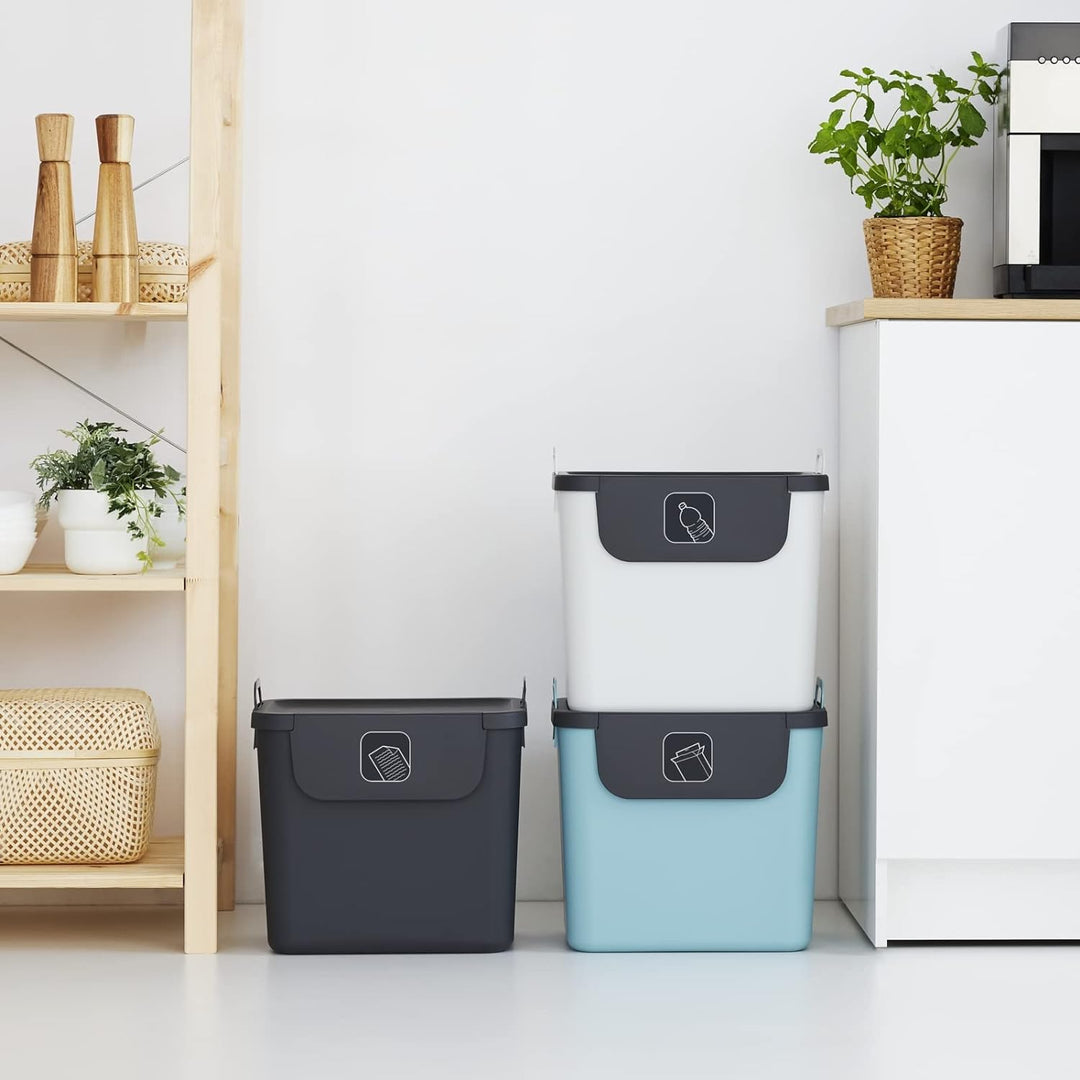Jive 3er-Set Mülltrennsystem Küche, Kunststoff (PP recycelt), dunkelgrau/Weiss/türkis, 3 x 30l, (39,