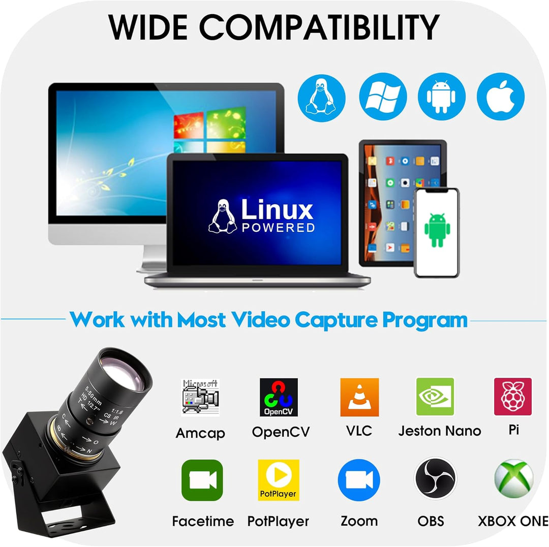 Mermaid 1080P USB-Webcam mit 5-50mm Teleobjektiv, Full-HD-Computerkamera mit 100 fps/60 fps/30 fps f