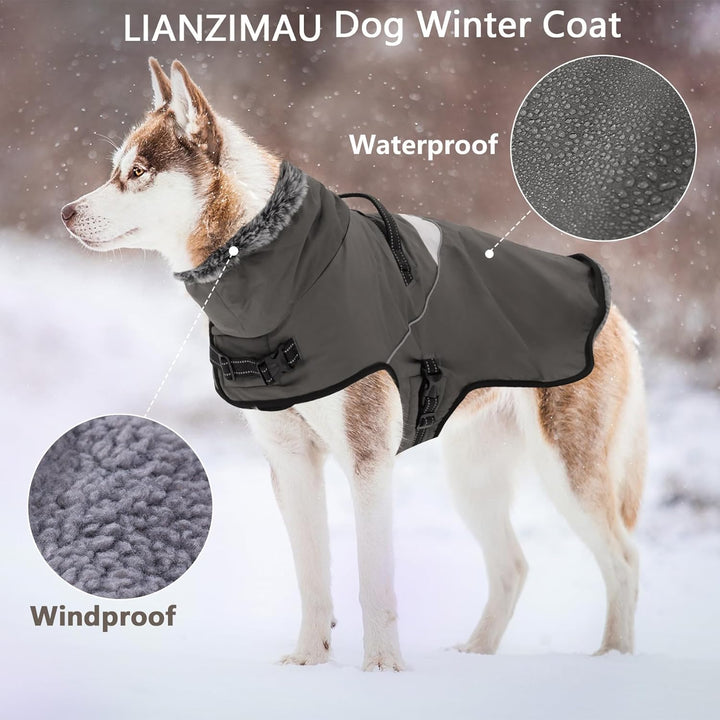 LIANZIMAU Wasserdichter Hundemantel mit Geschirr Wintermantel Hundepullover Fleece Reflektierende Hu