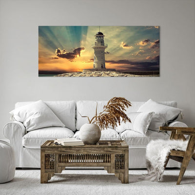 Wandbilder Dekoration Wohnzimmer Leuchtturm Wasser Meer Steine Panorama Bilder auf Leinwand 120x50cm