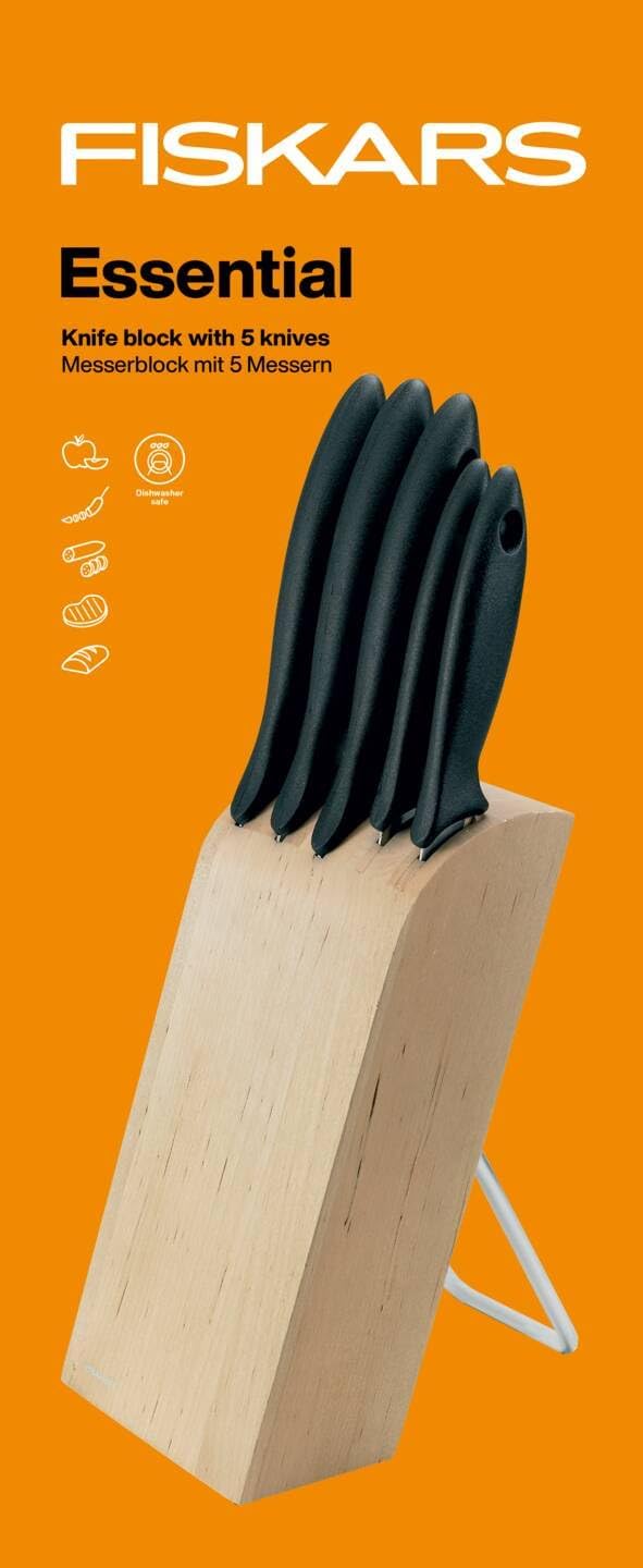 Fiskars Messerblock mit 5 Messern, Essential, Inklusive Gemüsemesser, Schälmesser, Kochmesser, Santo