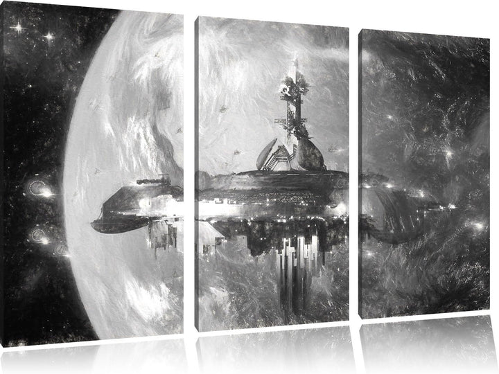 Pixxprint Raumschiff vor der Erde / 3-Teilig/Gesamtmass 120cm Leinwandbild bespannt auf Holzrahmen/W