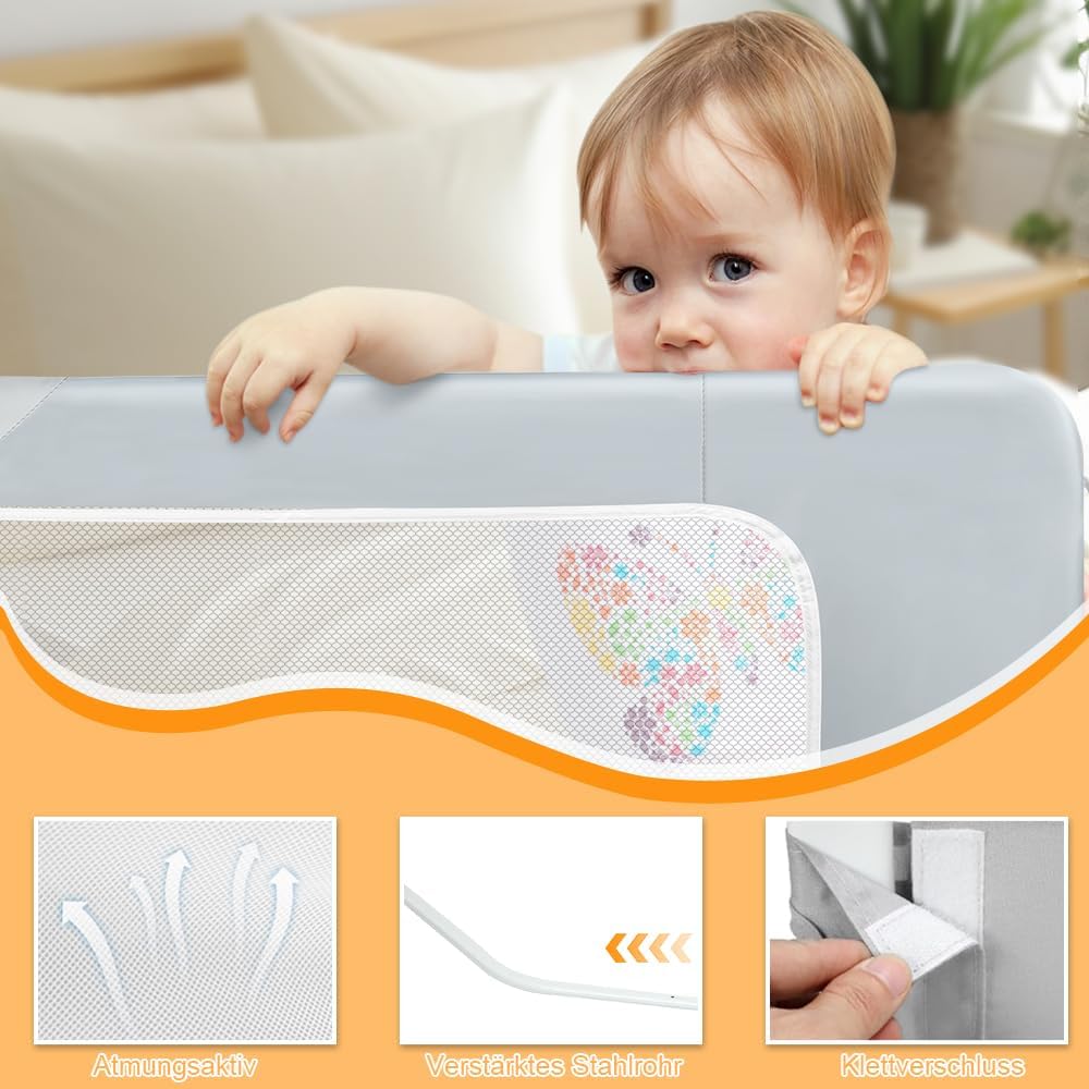 HUOLE Bettschutzgitter mit Verstellbarer Gurte,Rausfallschutz Bett 180° faltbar für Boxspringbett, B
