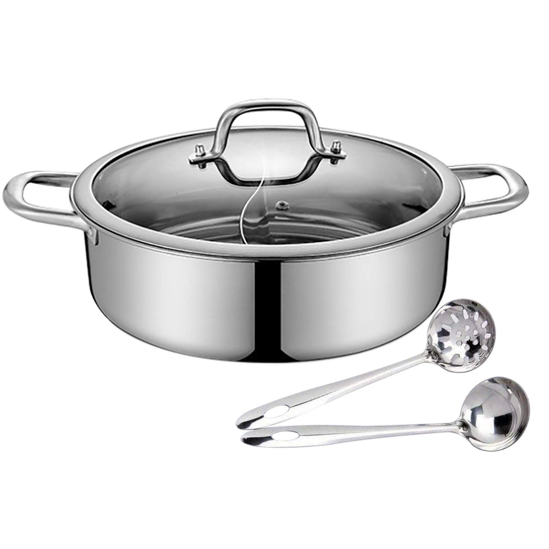 28/32cm Hot Pot Edelstahl Topf mit Glas Deckel Kochwerkzeug Shabu Shabu 2 Kammer, 32cm